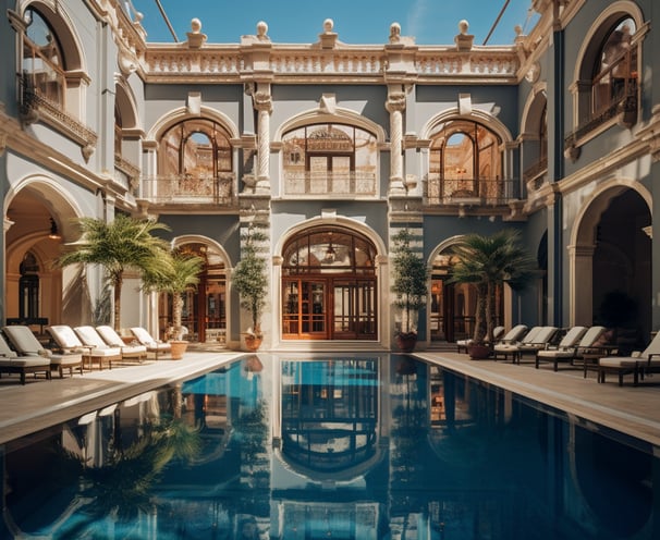 a pool with lounge chairs and a pool in a hotel in Spain