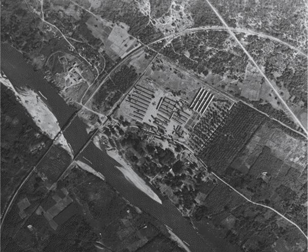 WW2 aerial photo of Kanchanaburi in in 1944. POW camp near River Kwai