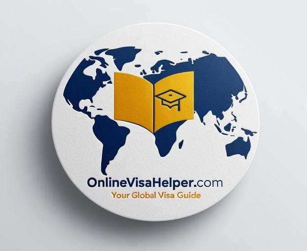 Logo of OnlineVisaHelper.com - globe, graduation cap, and arrow for global visa guidance.