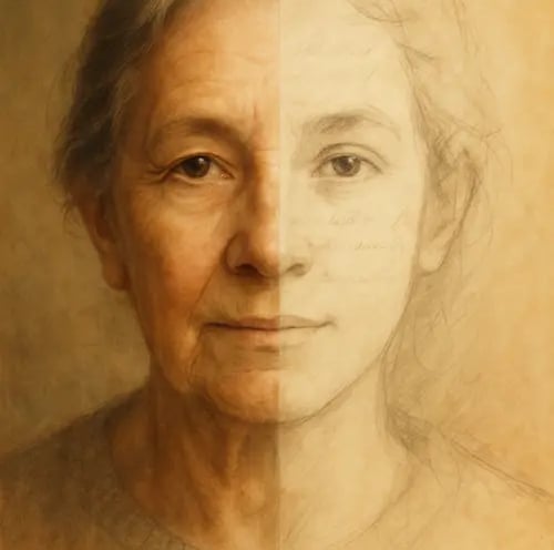 Un visage de femme est composé pour moitié de sa vieillesse et de sa jeunesse