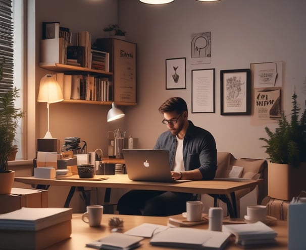 a man sitting at a desk with a laptop computer