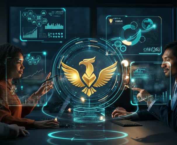 Verve Phoenix: Professionals collaborating in a high-tech office with holographic displays highlighting innovation