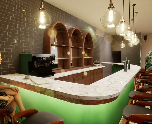 a woman sitting at a bar with a green counter top