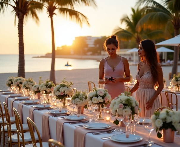 Elegant luxury event planning scene featuring acrylic tables, gold Chiavari chairs, white and blush floral arrangements, and