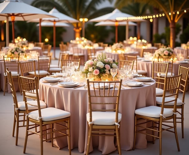 Elegant setup showcasing luxury furniture rentals, including gold Chiavari chairs and acrylic tables, for high-end events org