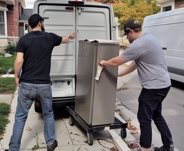two men moving a filing cabinet into a van