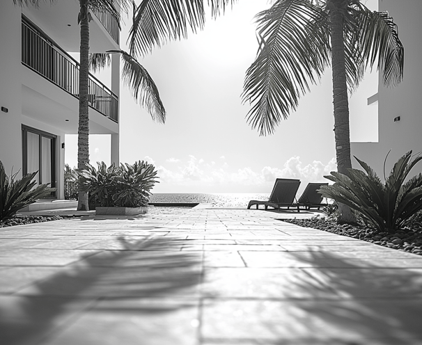 Hôtel générique standardisé en noir et blanc – architecture moderne sans identité dans un contexte caribéen