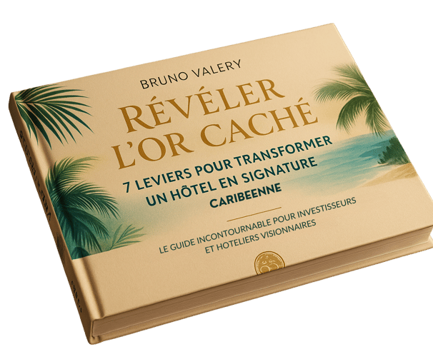 "Mockup du livre blanc ‘Révéler l’Or Caché’ posé sur une table élégante, couverture aux teintes chaudes et évocatrices de
