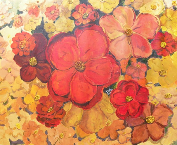 a painting of a flowers with warm colours of yellow orange and red