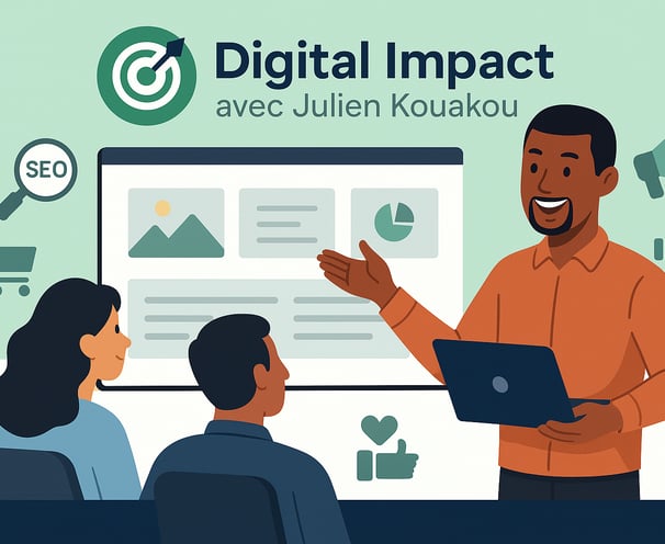 Illustration d’un consultant digital dynamique présentant ses services en ligne à 2 clients