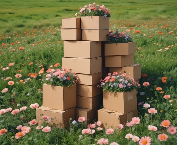 a stack of boxes with flowers in a field