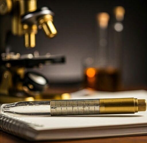 caneta em formato de pipeta encima do caderno de anotações e um microscópio ao fundo