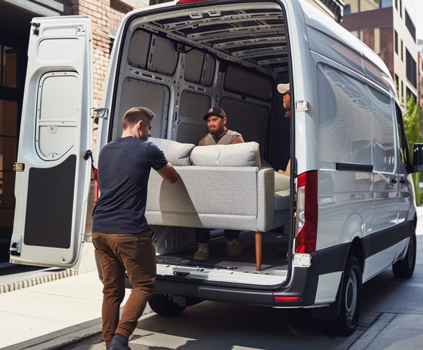 Two men effortlessly load a stylish sofa into the spacious interior of a white Mercedes Sprinter