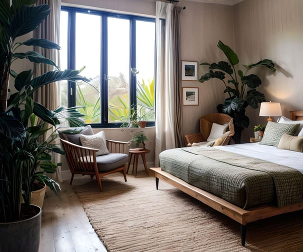 Skandinavisches Schlafzimmer mit Pflanzen und Holzmöbeln