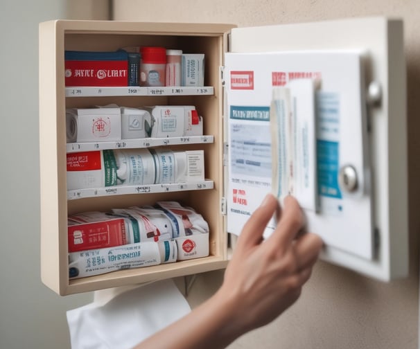 A set of red hard hats is mounted on a wall above an emergency alarm system. The alarm consists of a button to break glass in case of emergency and a red panel beneath it.