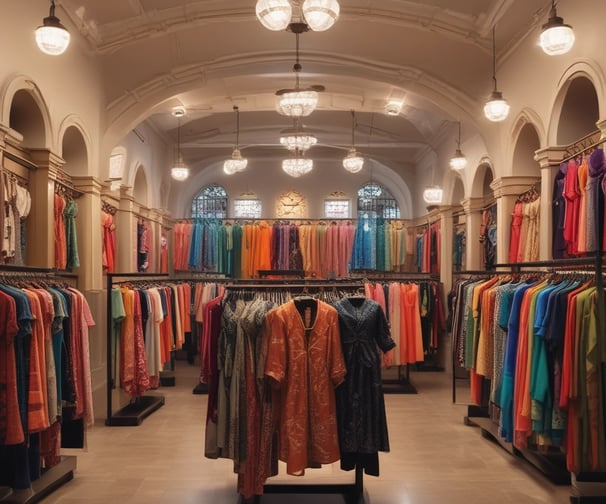 A clothing store featuring traditional dresses displayed on mannequins. A person wearing a traditional dress is selecting an item from a rack filled with various clothing styles. The interior features warm lighting, decorative elements like lanterns, and an arched doorway.
