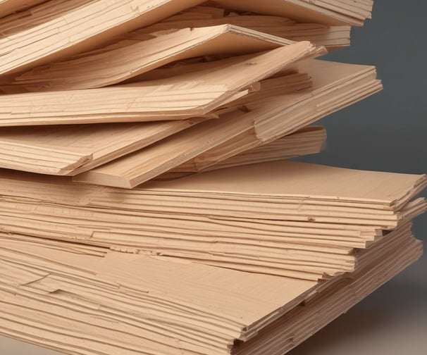 A close-up view of a stack of smooth, evenly cut plywood sheets. The wood grain and layers are visible, indicating high-quality, processed lumber. The sheets are neatly aligned and resting on a green support structure.