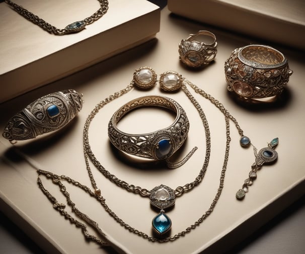 A collection of vintage-style jewelry pieces is displayed on a surface, including various earrings and pendants with intricate designs. Some notable items include a large round pendant with an engraving of Big Ben and the word 'LONDON,' a heart-shaped gold pendant, and ornate silver pieces with floral or geometric patterns.