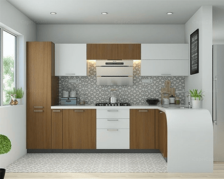a kitchen with a white counter top and a potted plant