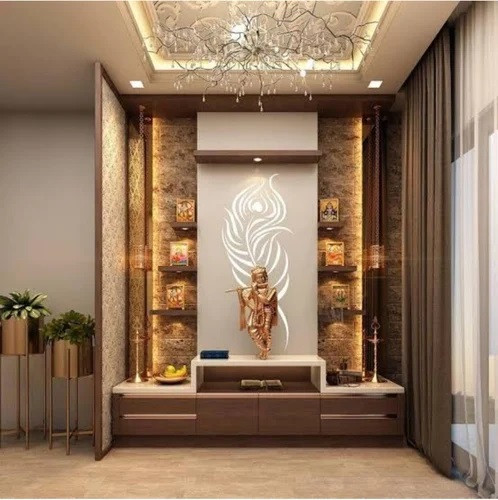 a pooja room with a large wall mounted 