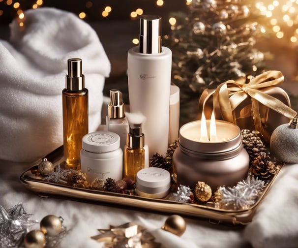 A beautifully decorated Christmas tree with gold and silver ornaments and 'Merry Christmas' signs. In front, there are skincare products labeled Noelle Australia, including body lotion and body wash, placed on a gift box wrapped in brown paper with red stars.
