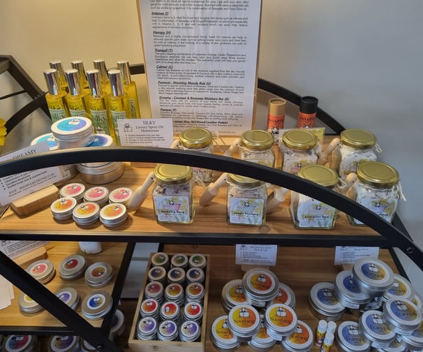 a display case with various types of products