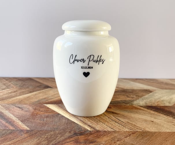 Engraved personalised small white infant ceramic urn for baby ashes