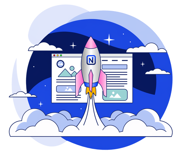 Illustration fusée avec logo NetVantage et modèle de page web