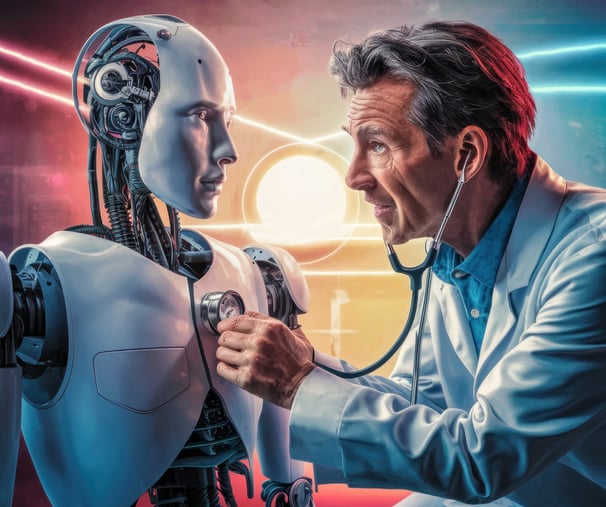 A doctor listening to a humanoid bot's heartbeat humor satire satirical medicinal ai artificial intelligence