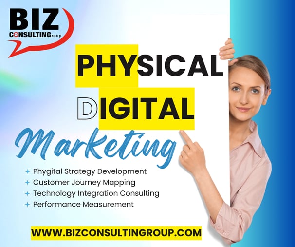 a woman holding a sign that says physical digital marketing