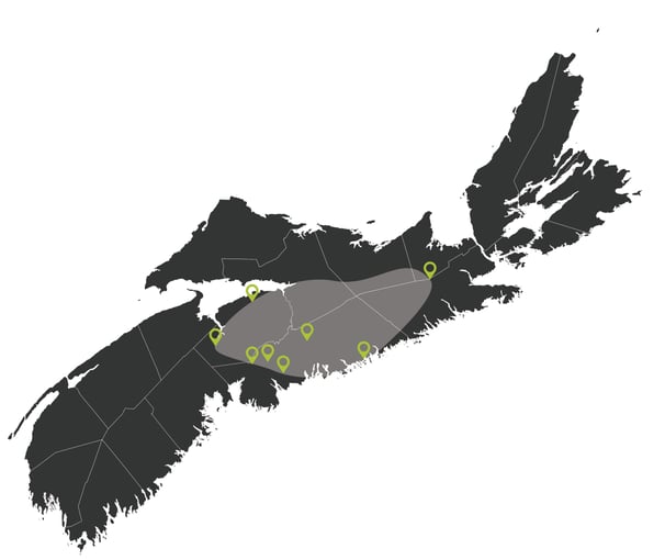 Map of Nova Scotia showing the service area for E&S Septic.