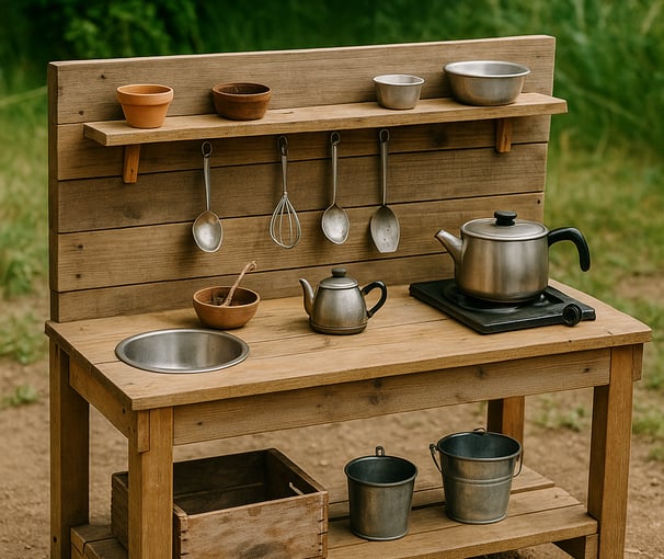 Upcycled bathroom cabinet turned into a colorful outdoor mud kitchen with toy stove burners.