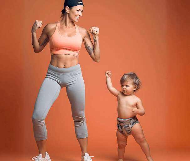 a woman in a sports brailler and a baby in a diaper