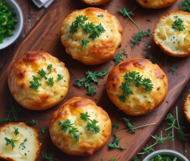  Golden-brown potato puffs with a crispy exterior, arranged on a rustic wooden board. The puffs are 