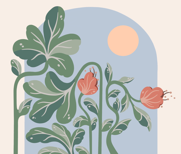 a plant with flowers and leaves on a blue sky