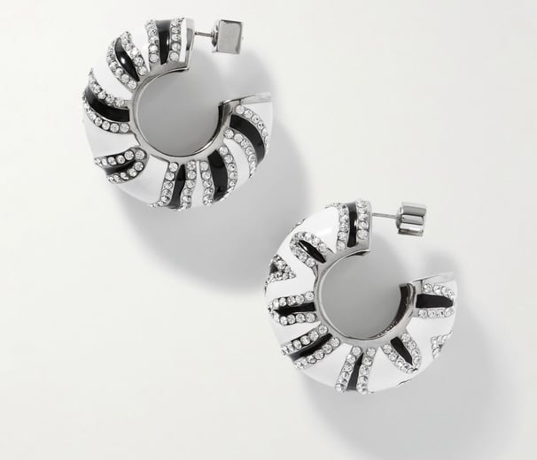 Luxury crystal-embellished hoop earrings with black and white enamel design.