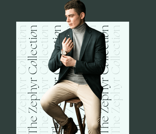 a man in a suit and turtle neck sweater