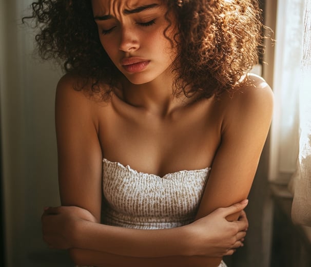 Fotografía de una adolescente rodeando su vientre con sus brazos y con cara de dolor 