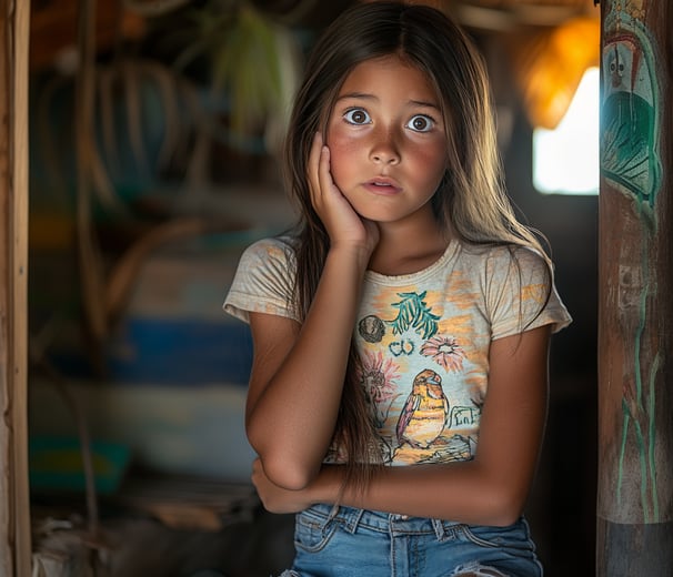 Fotografía de una niña de 10 años preocupada con la mano en la mejilla 