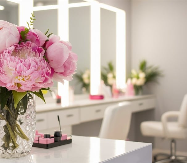a vase with pink flowers in a vase on a table
