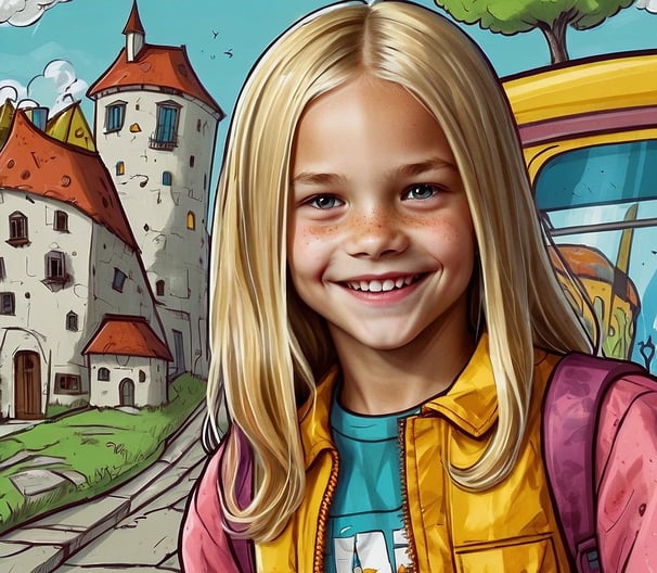 Portrait photo transformed into a comic painting of a young girl with blonde hair and a yellow vest