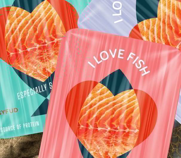 fish packaging picture, pink, green and violet color