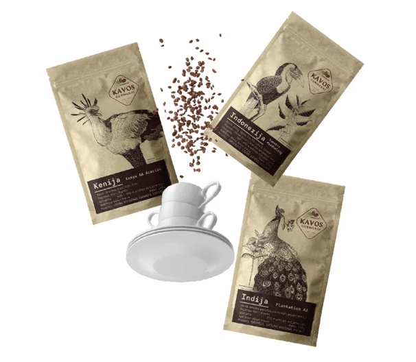 three coffee doypacks , coffee beans and white cup flying 
