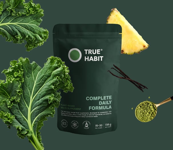 a bag of  supplements and a pineapple and kale illustrations