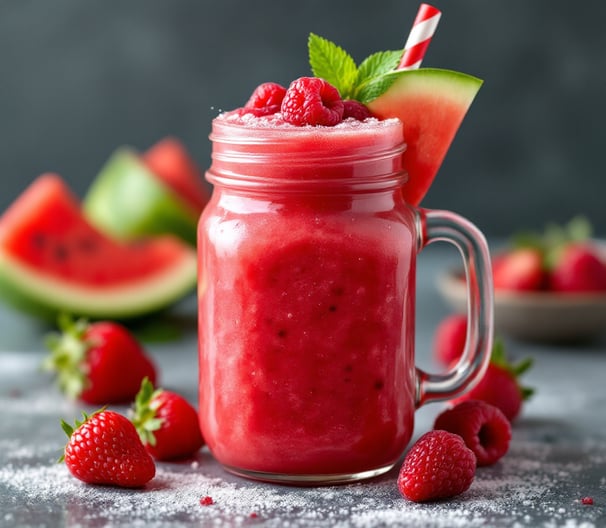 ruby red smoothie in a mason jar