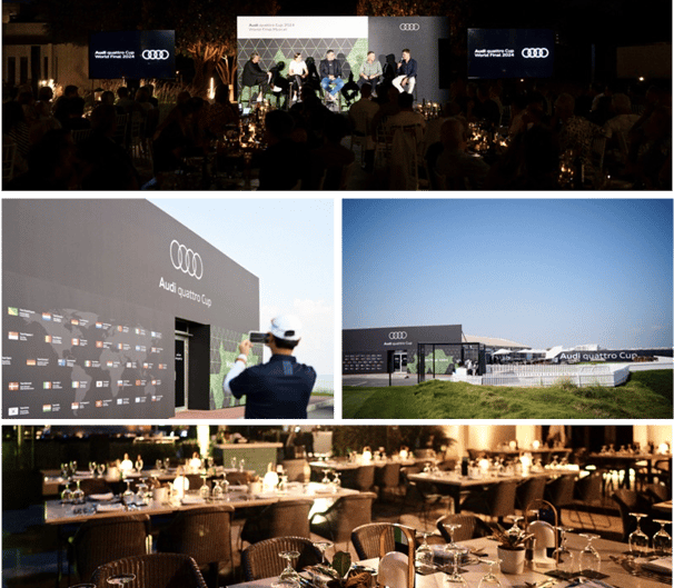 Audi quattro Cup event, featuring a panel discussion, branding displays outdoor venue setup, and el