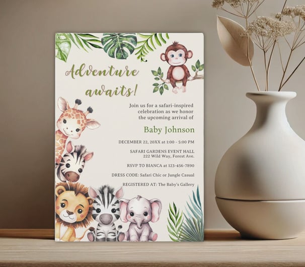 a baby shower party invitation card with jungle safari baby animals.