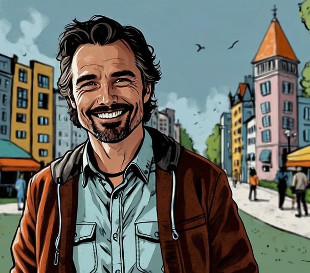 Portrait photo transformed into a comic painting of a man with a beard