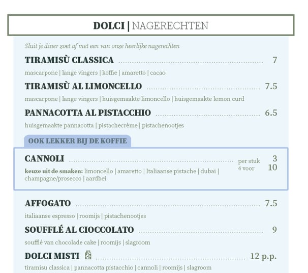 Dolci Nagerechten Teramisu Cannoli Affogato