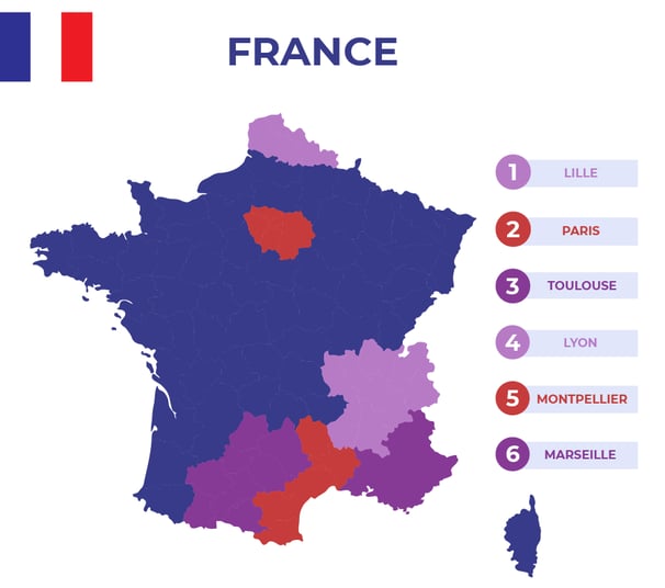 Map de la France avec Lille, Paris, Toulouse, Lyon, Montpellier et Marseille mis en avant